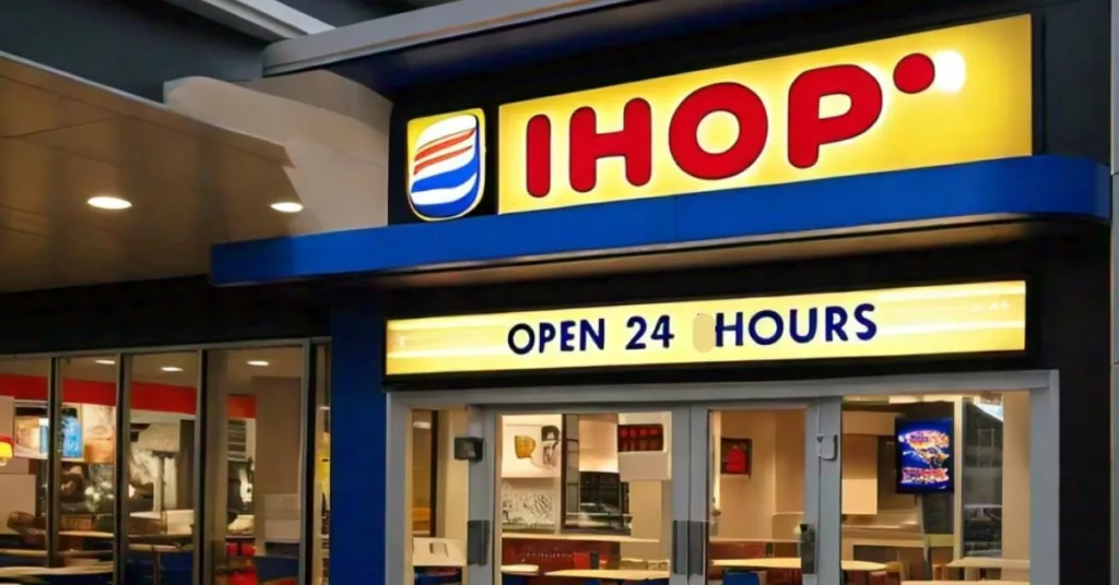 Outside view of IHOP restaurant displaying 24 hours open sign.